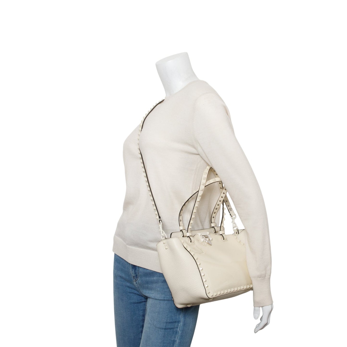 Valentino White Patent & Calfskin Leather Small Rockstud Tote Bag