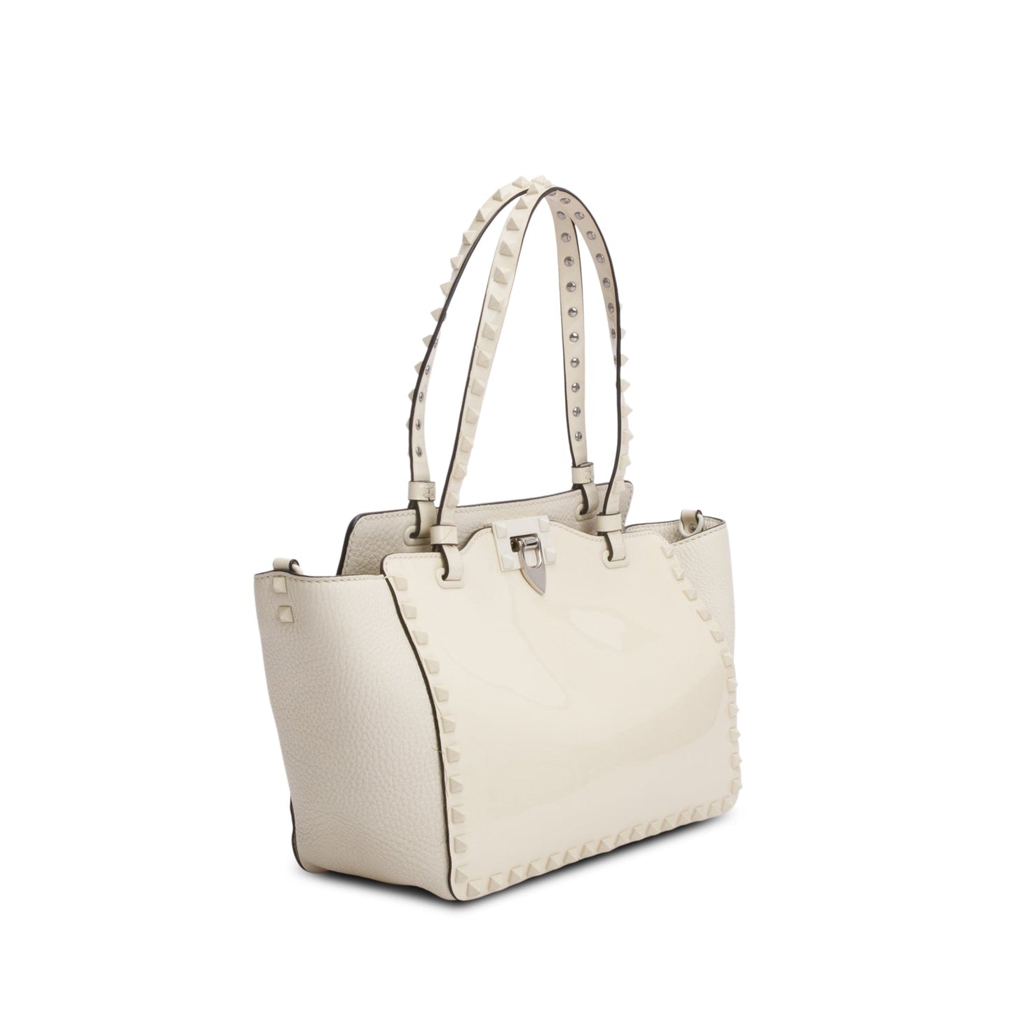 Valentino White Patent & Calfskin Leather Small Rockstud Tote Bag