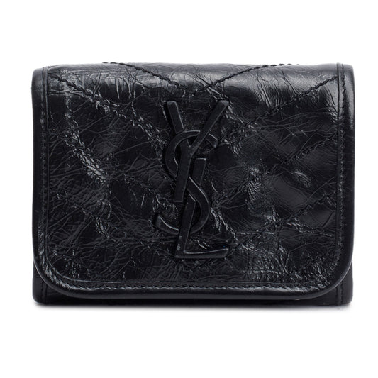 Saint Laurent Black Crinkled Calfskin Niki YSL Monogram Compact Wallet