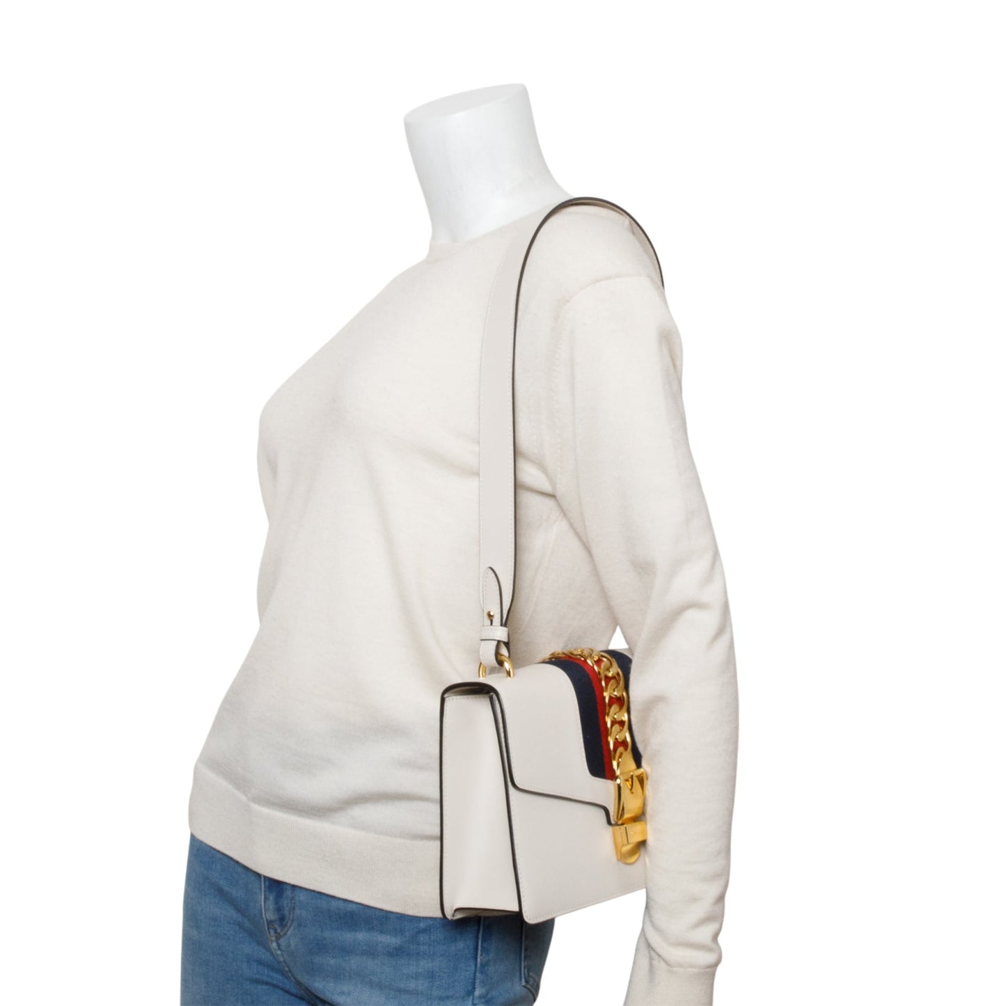 Gucci White Calfskin Leather Small Sylvie Shoulder Bag