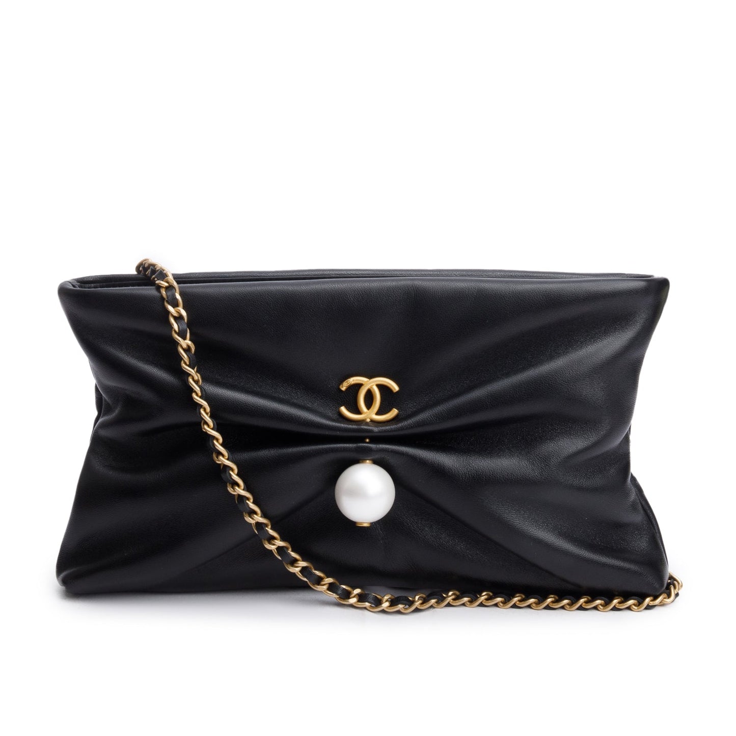 Chanel 2025 Black Shiny Lambskin Pearl Clutch