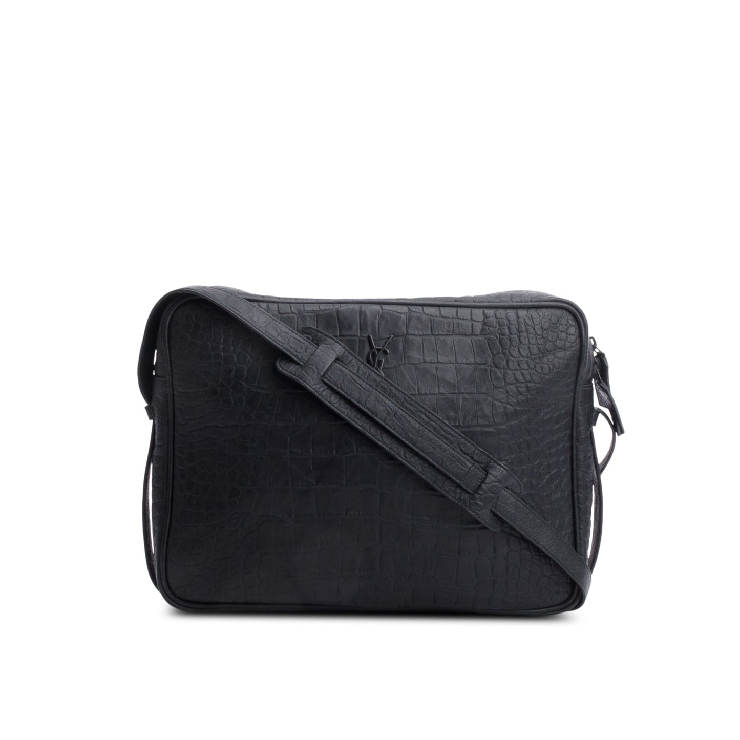 Saint Laurent Black Croc Embossed Zip Messenger Bag