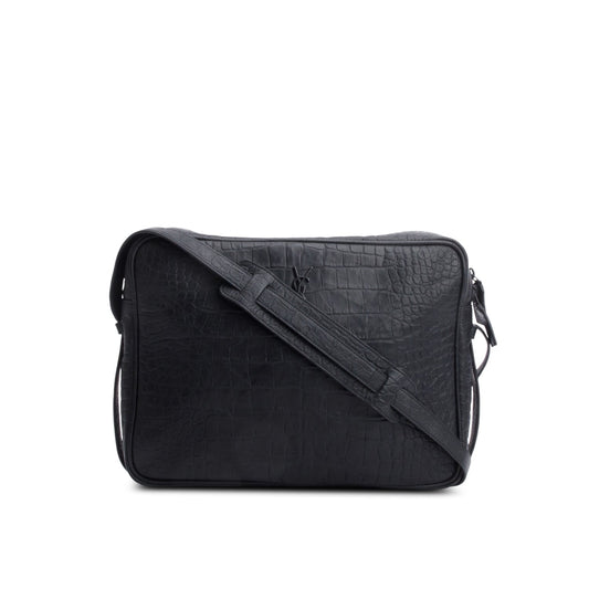 Saint Laurent Black Croc Embossed Zip Messenger Bag