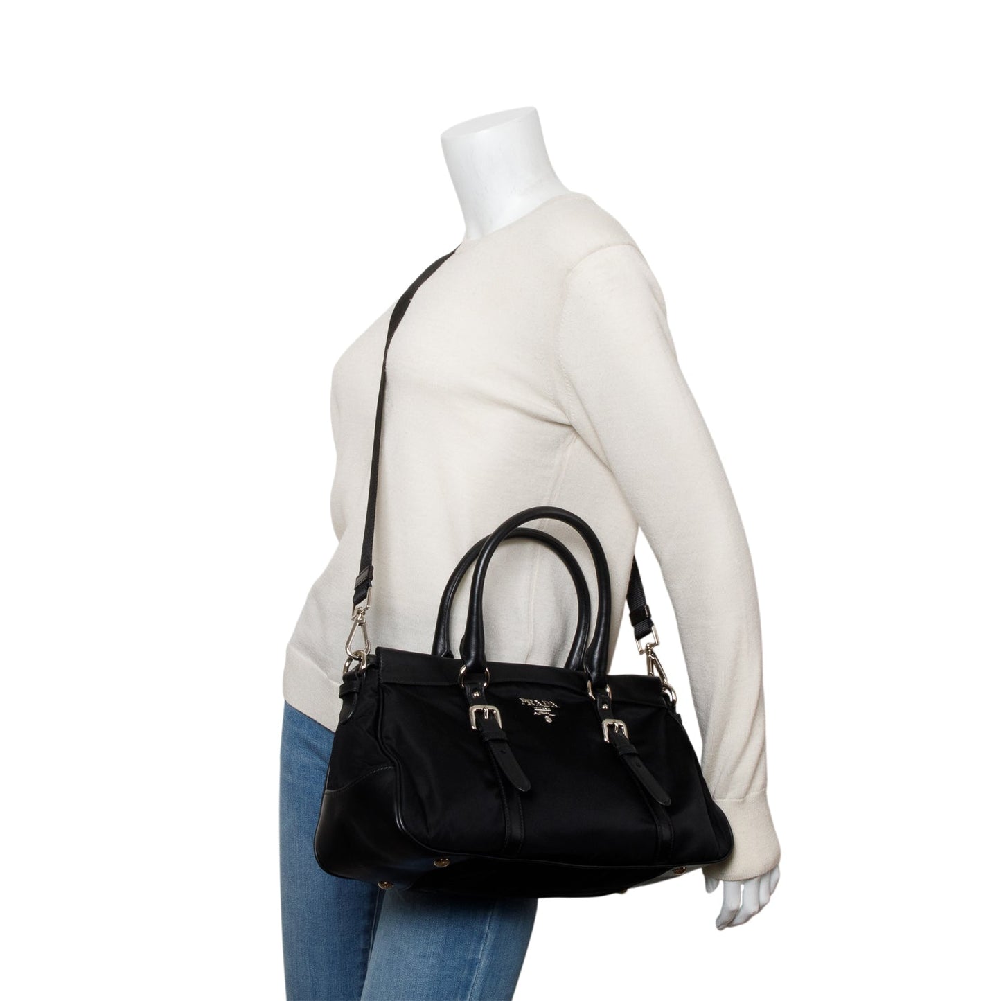 Prada Black Nylon Tessuto Solf Calf Tote