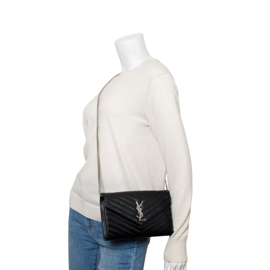 Saint Laurent 2022 Black Grain De Poudre Leather Cassandre Envelope Chain Wallet
