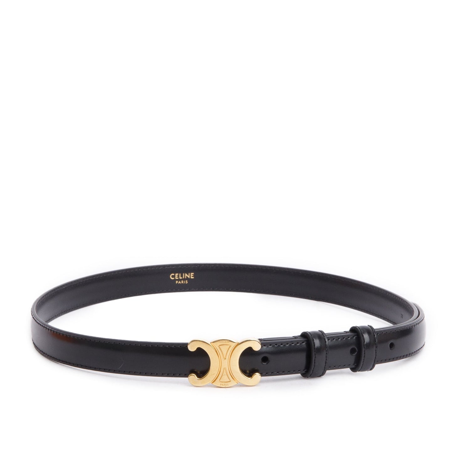 Celine 2023 Black Taurillon Leather Small Triomphe 18 MM Belt, Size 70