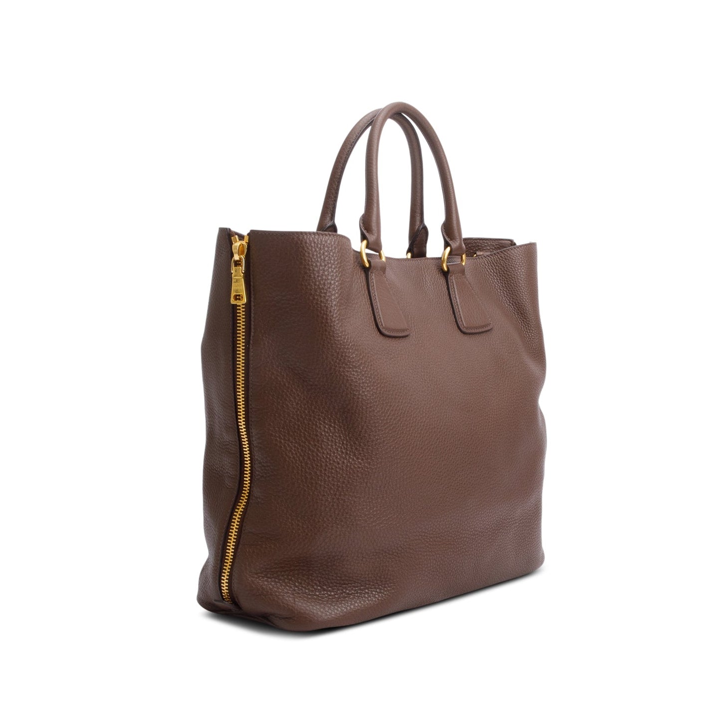 Prada Brown Vitello Daino Leather Side Zip Shopping Tote