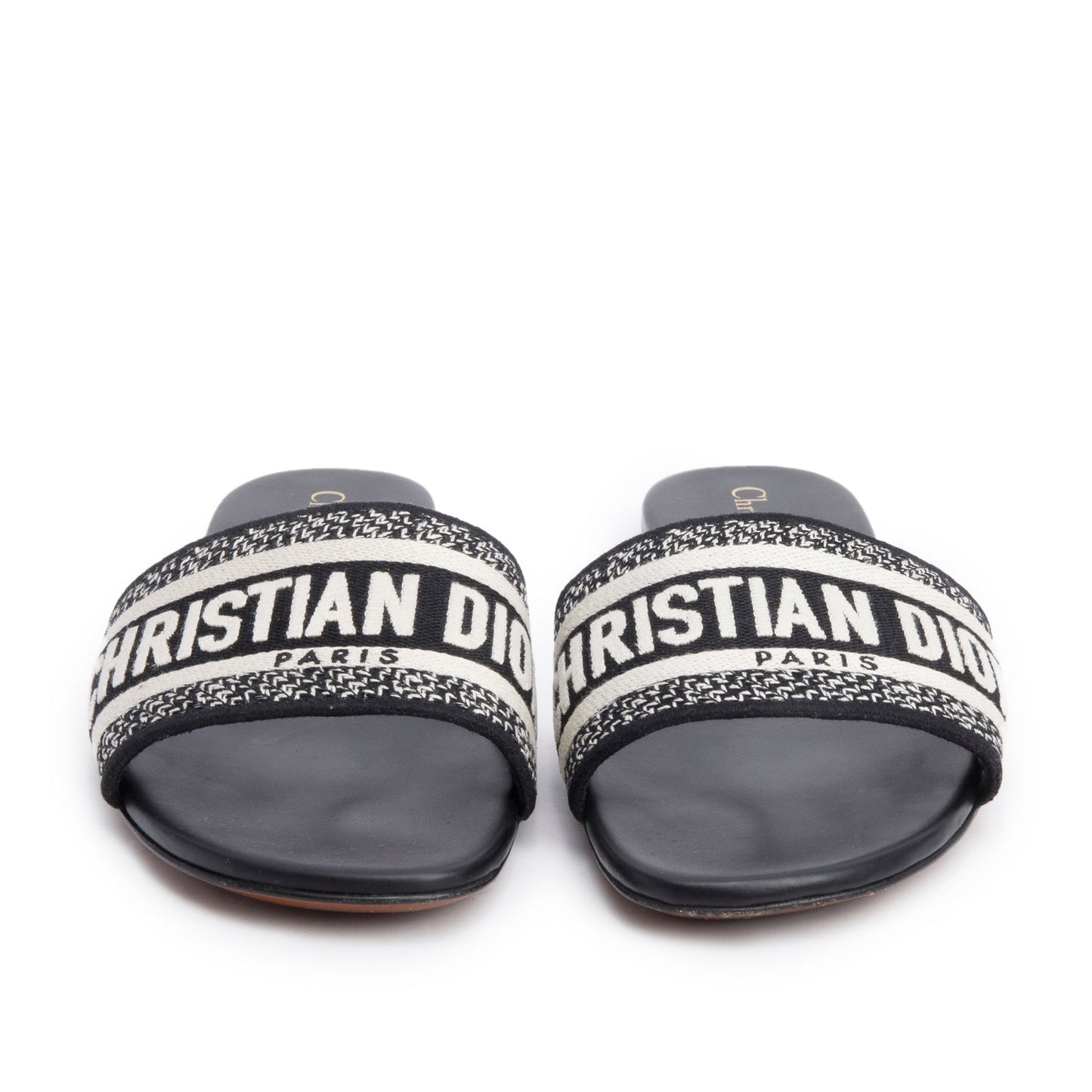 Christian Dior Black Embroidered Cotton Heeled Dway Slide, Size 38.5