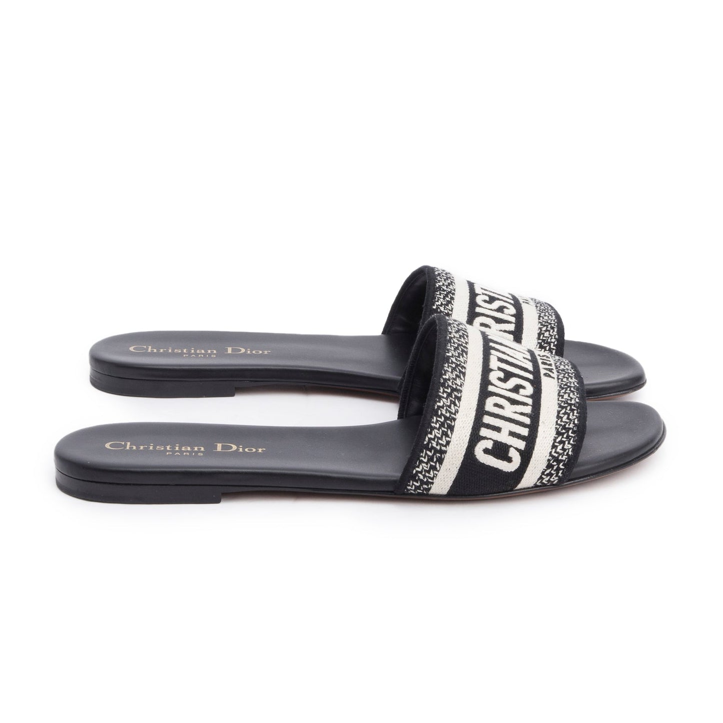 Christian Dior Black Embroidered Cotton Heeled Dway Slide, Size 38.5
