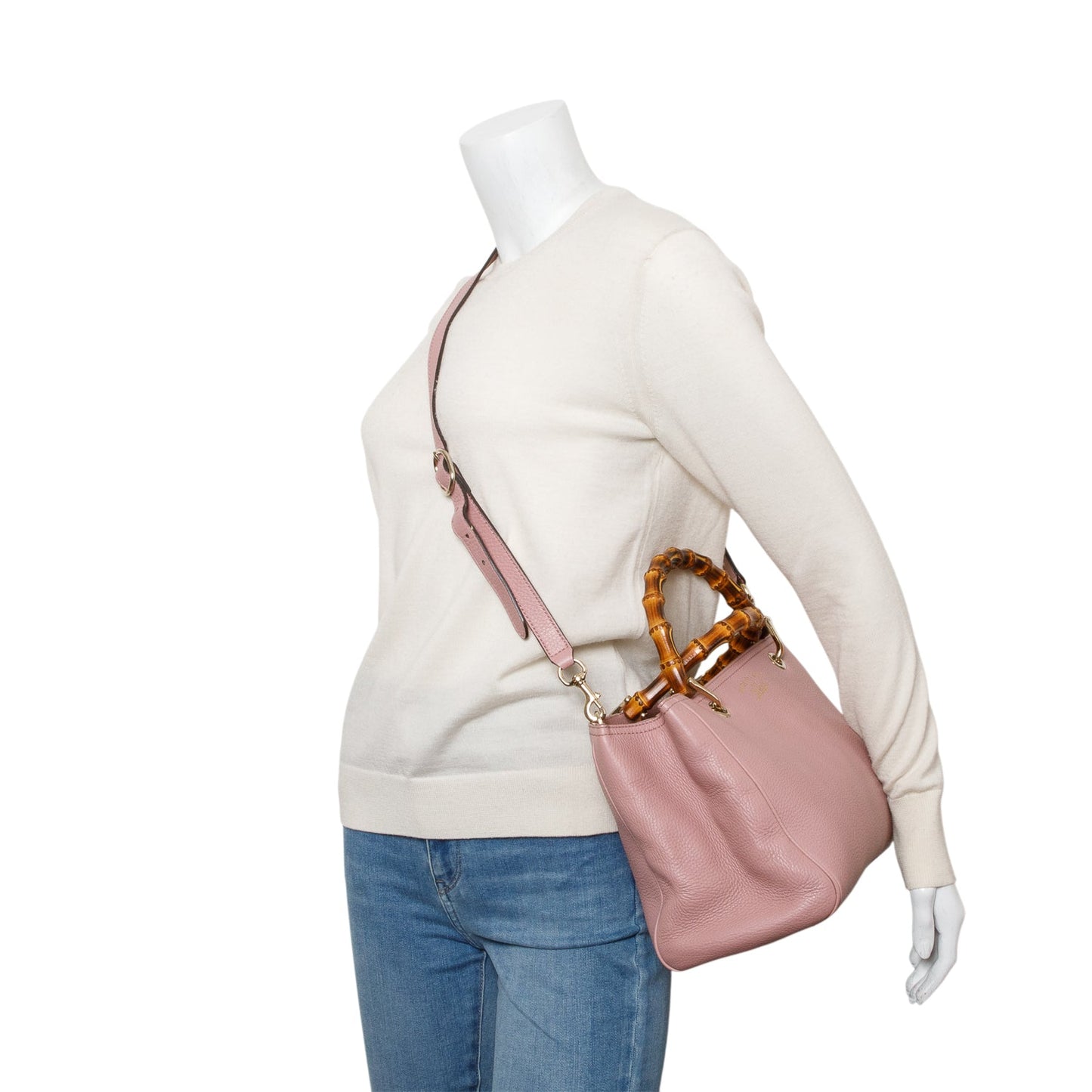 Gucci Pink Pebbled Calfskin Leather Medium Bamboo Shopper Tote
