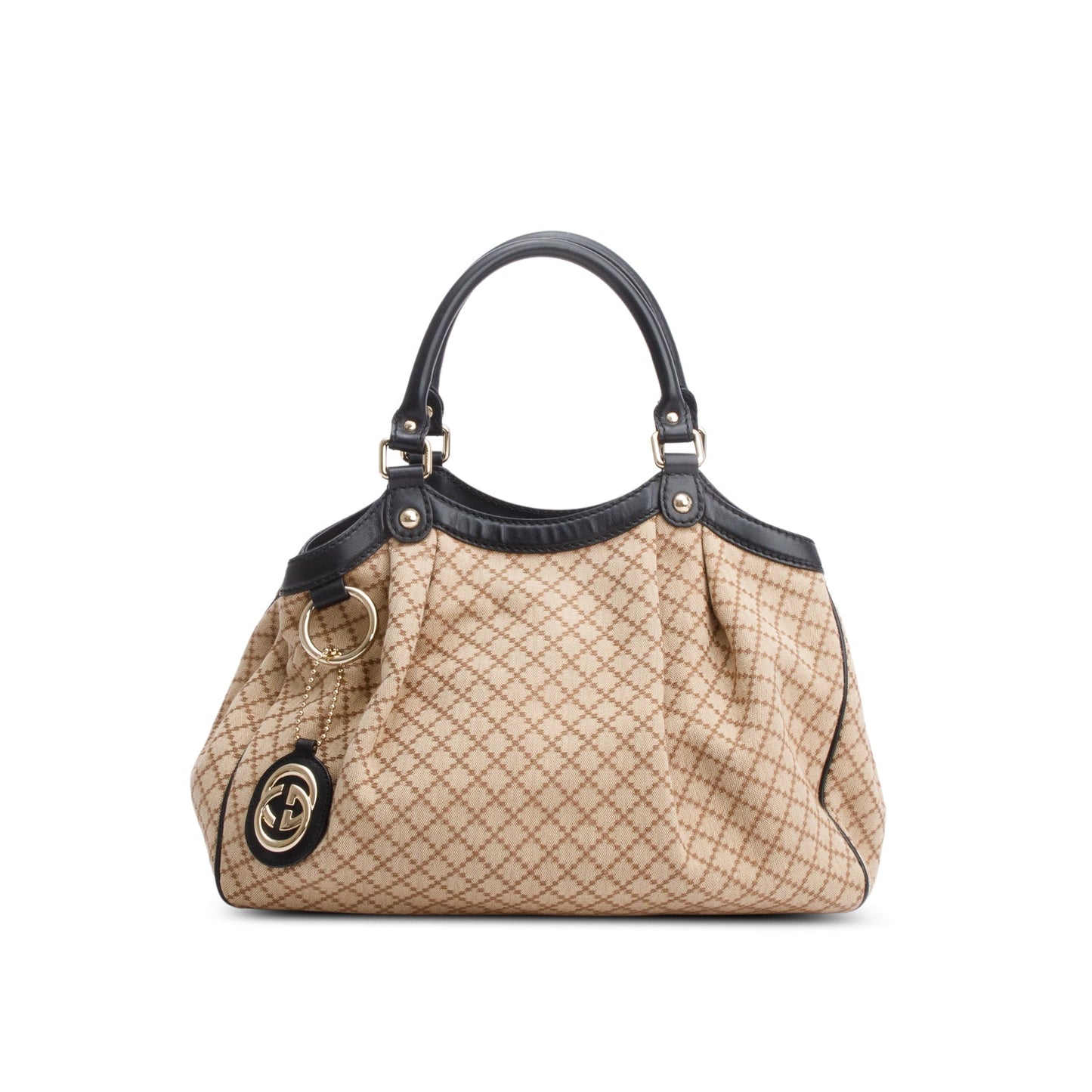 Gucci Beige Diamante Canvas Black Leather Trim Medium Sukey Bag