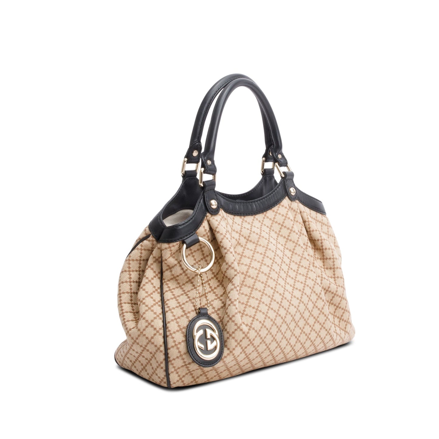 Gucci Beige Diamante Canvas Black Leather Trim Medium Sukey Bag