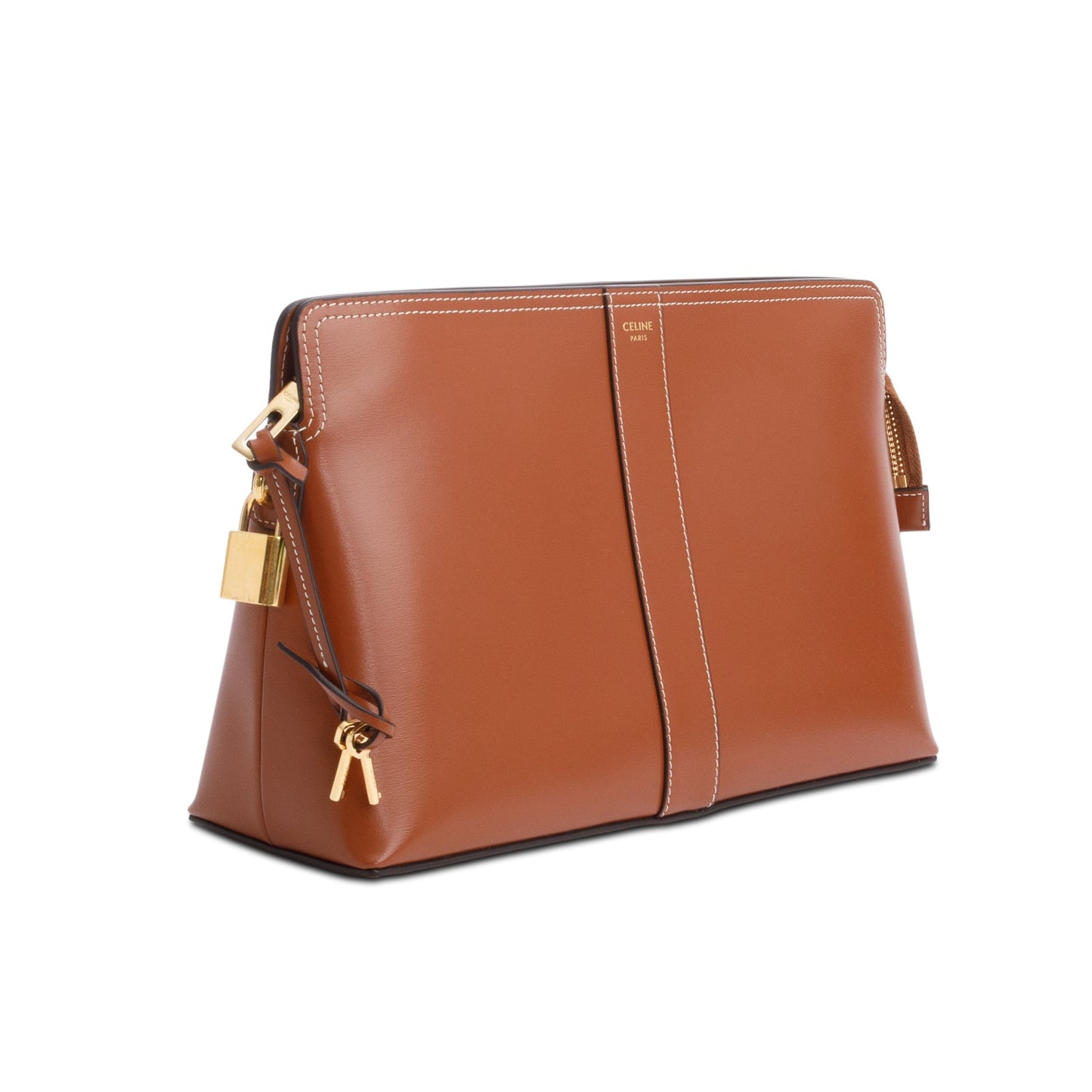 Celine 2024 Tan Shiny Calfskin Leather Lock Toiletry Pouch