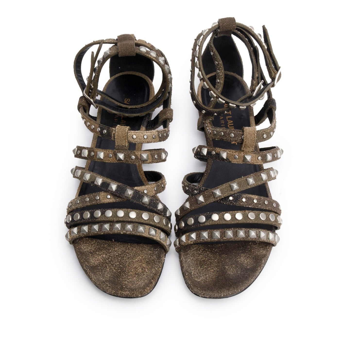 Saint Laurent Camouflage Suede Studded Gladiator Sandals, Size 37