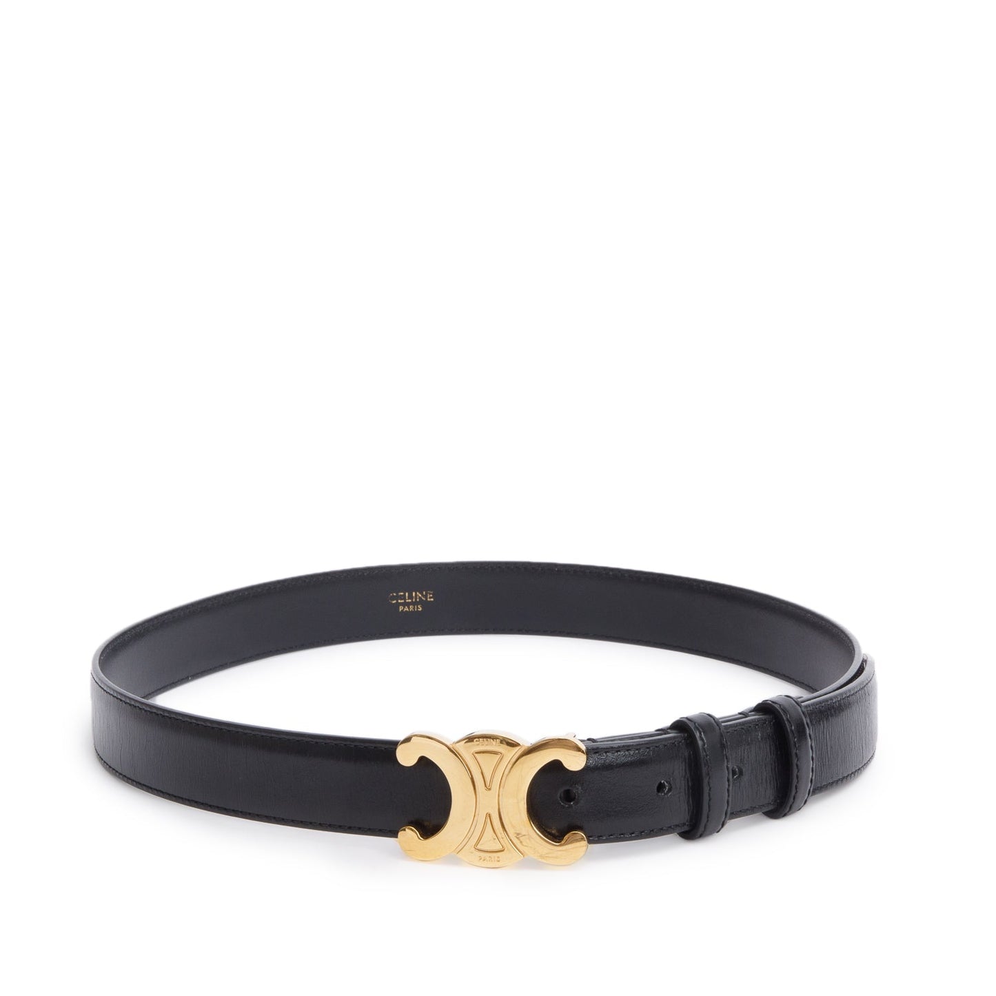 Celine 2022 Black Taurillon Leather Medium Triomphe 25 MM Belt, Size 75