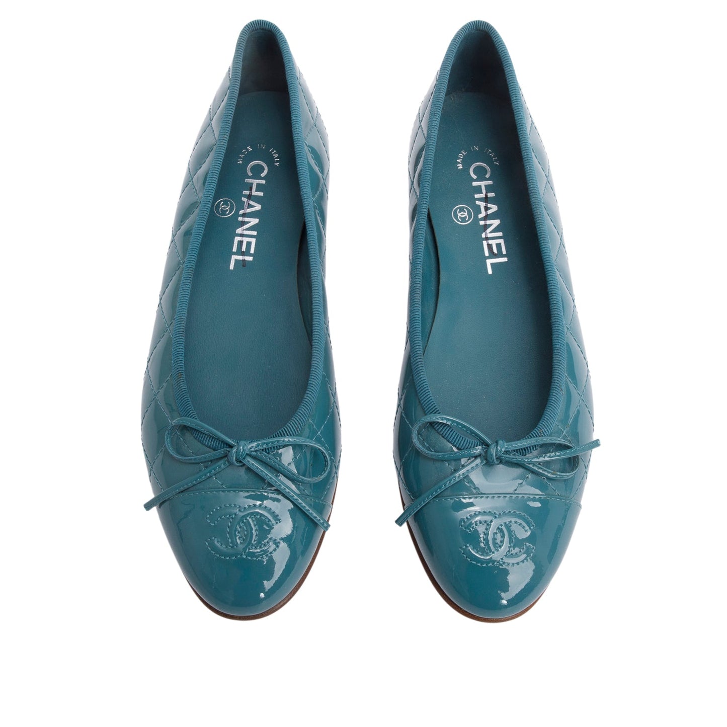 Chanel Teal Quilted Patent Leather Interlocking CC Logo Flats, Size 37