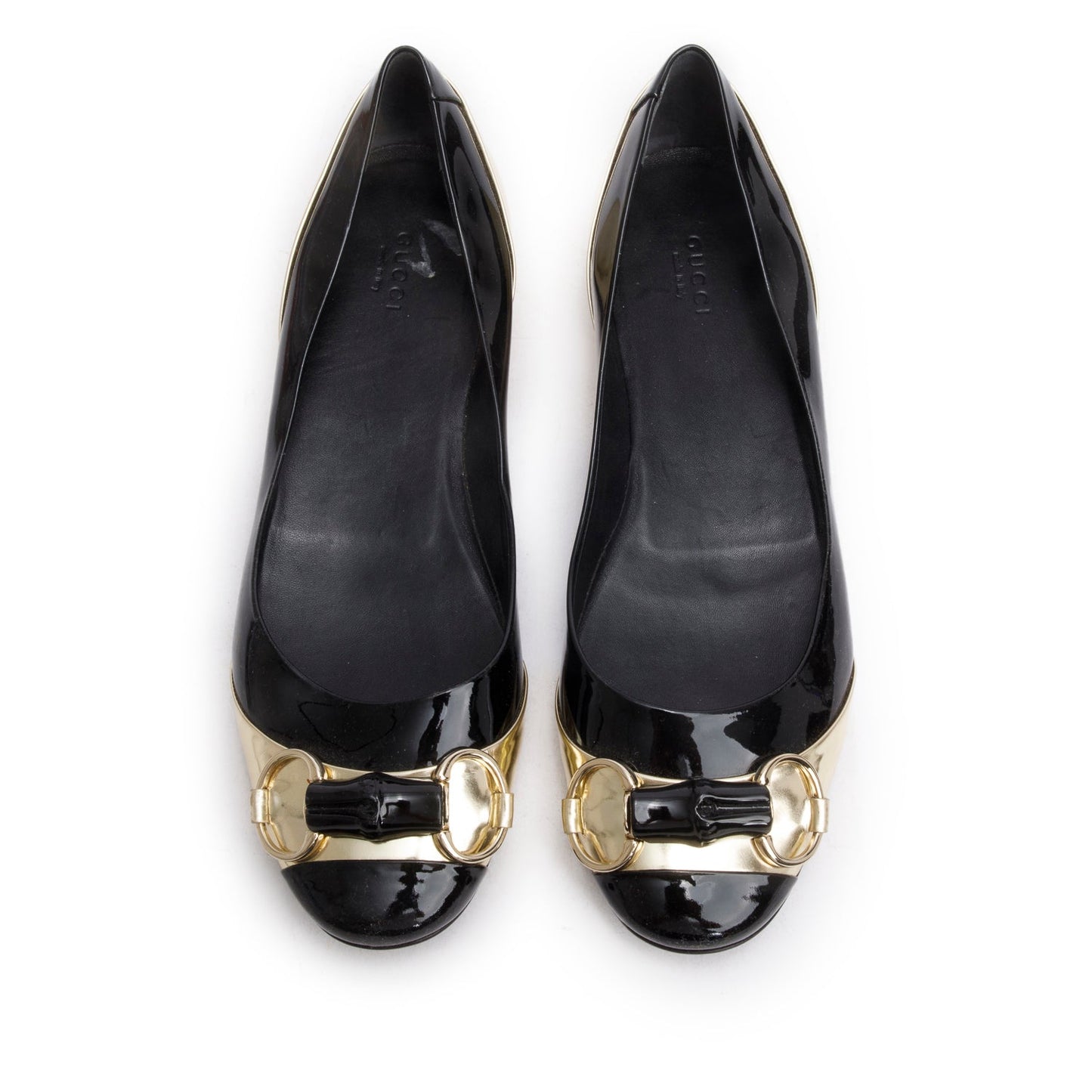 Gucci Blac/Gold Patent Leather Horsebit Bamboo Accent Ballet Flats, Size 9.5