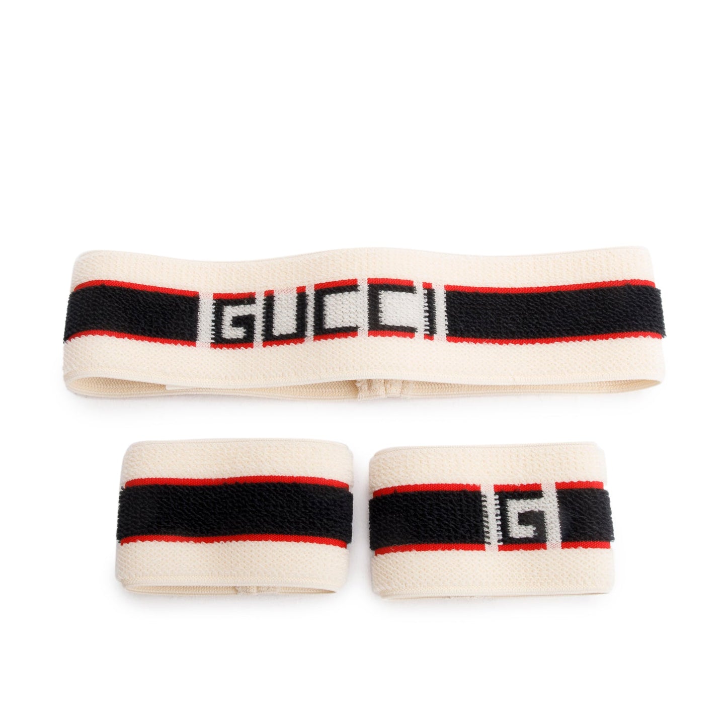 Gucci Creme & Black Web Logo Fabric Elastic Headband and Wrist Bands Set, Size M 57
