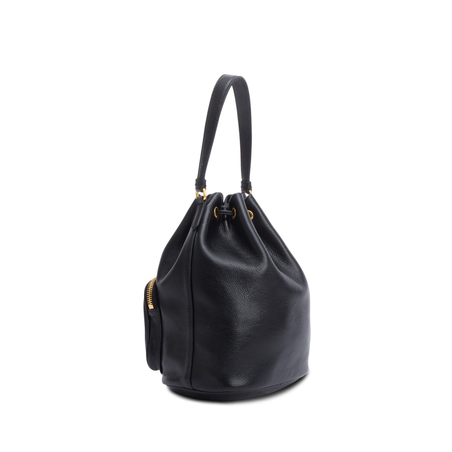 Prada Black Glace Calf Leather Logo Duet Bucket Bag
