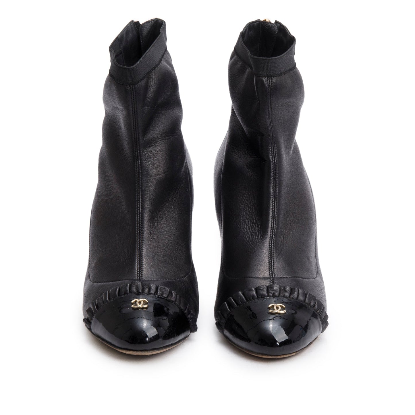 Chanel Black Leather Interlocking CC Logo Ruffled Ankle Boots, Size 39