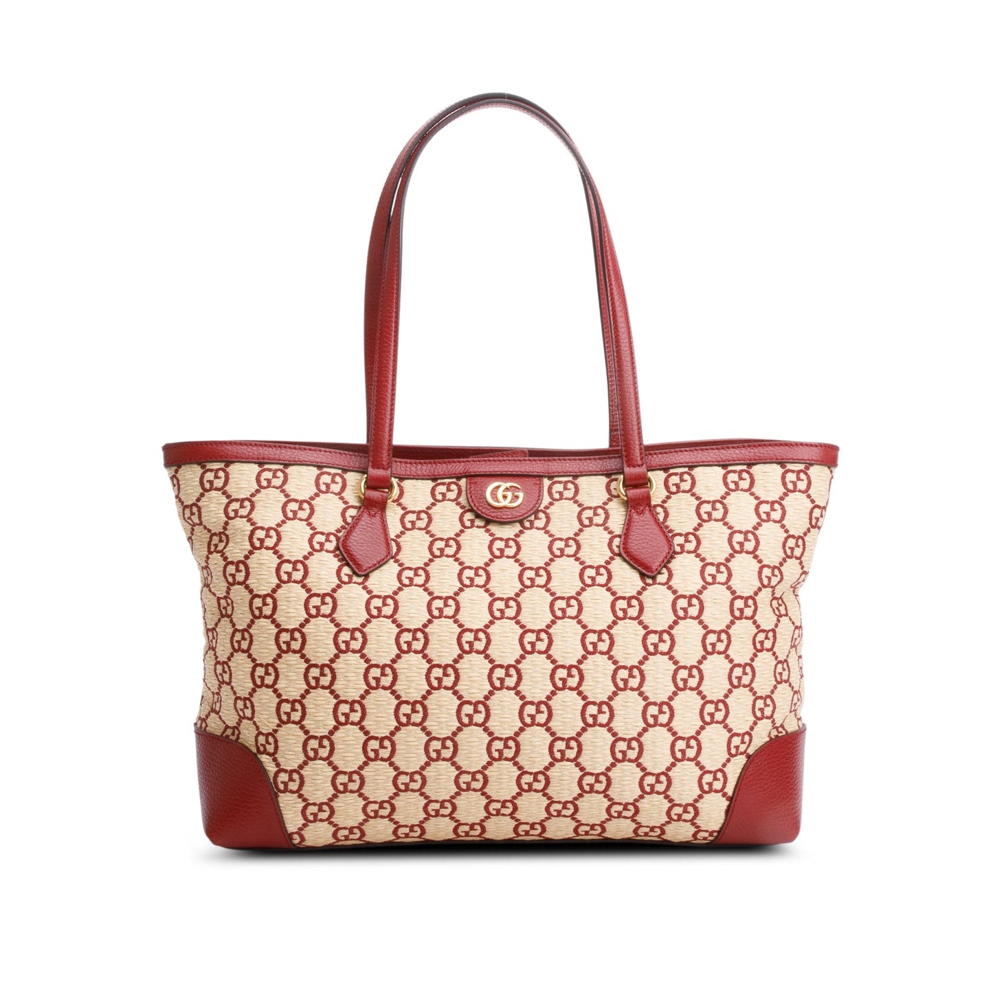 Gucci Neutral Raffia Red Leather Trim Ophidia GG Medium Tote