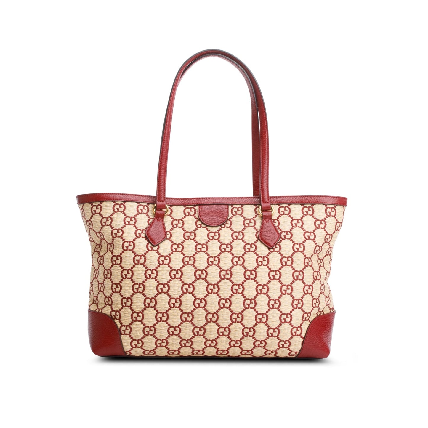 Gucci Neutral Raffia Red Leather Trim Ophidia GG Medium Tote