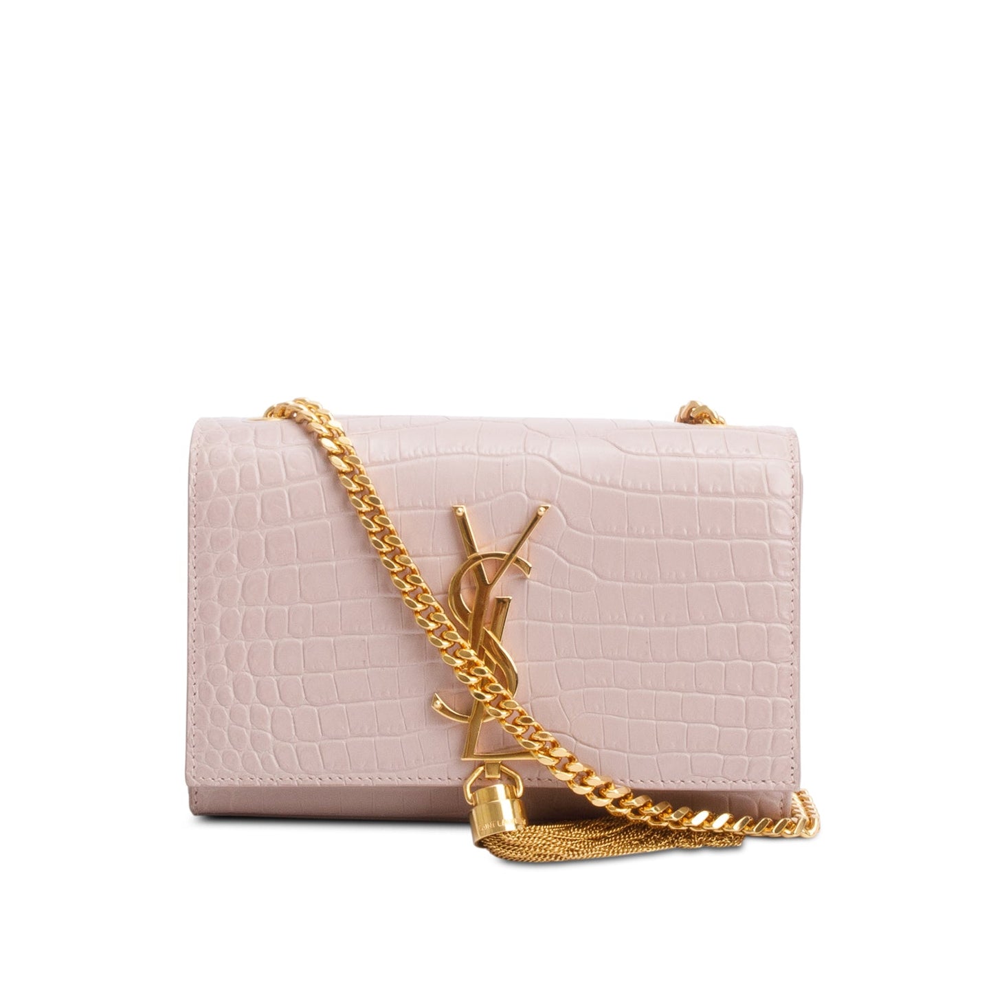 Saint Laurent Pink Croc-Embossed Leather Mini Kate Tassel Bag