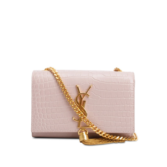 Saint Laurent Pink Croc-Embossed Leather Mini Kate Tassel Bag