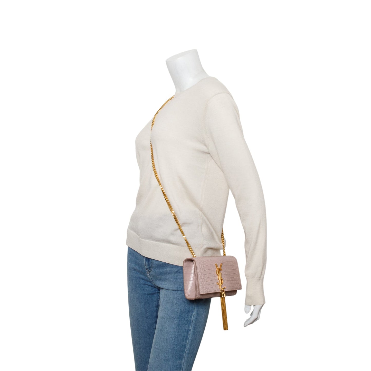 Saint Laurent Pink Croc-Embossed Leather Mini Kate Tassel Bag
