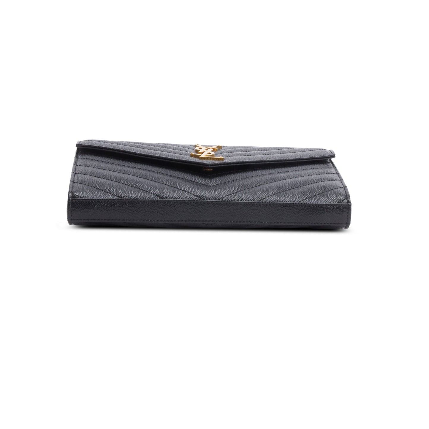 Saint Laurent 2022 Black Grain De Poudre Leather Envelope Chain Wallet