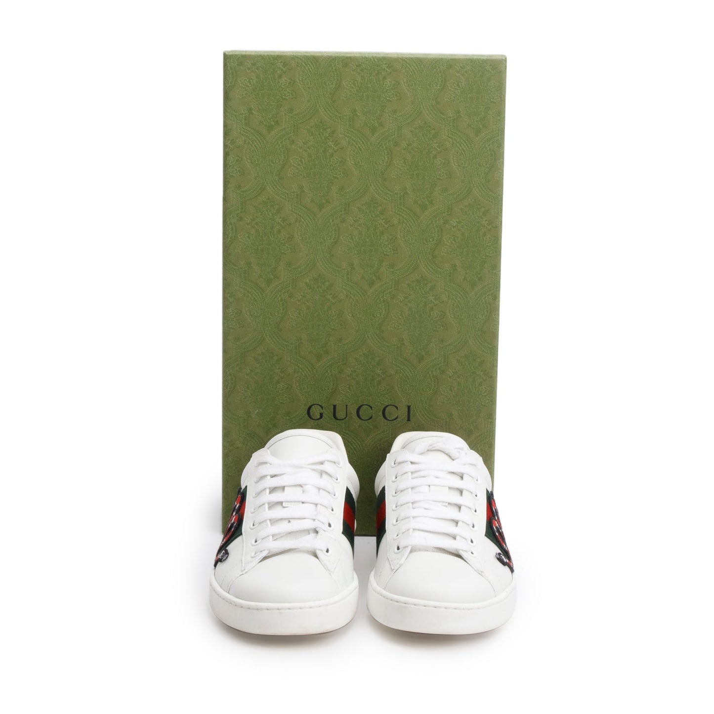Gucci White Leather Embroidered Web Snake Ace Sneakers, Men's Size 5