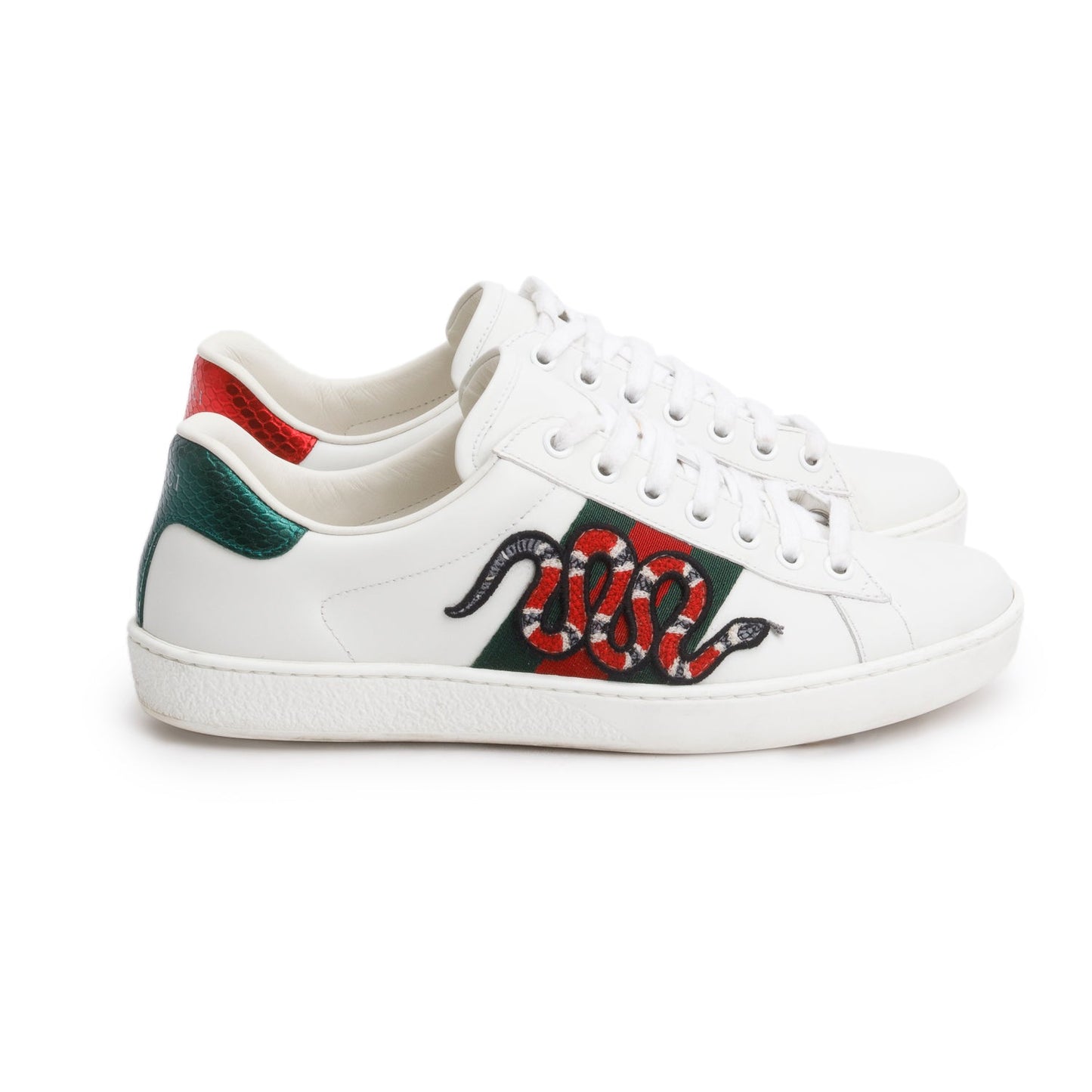 Gucci White Leather Embroidered Web Snake Ace Sneakers, Men's Size 5