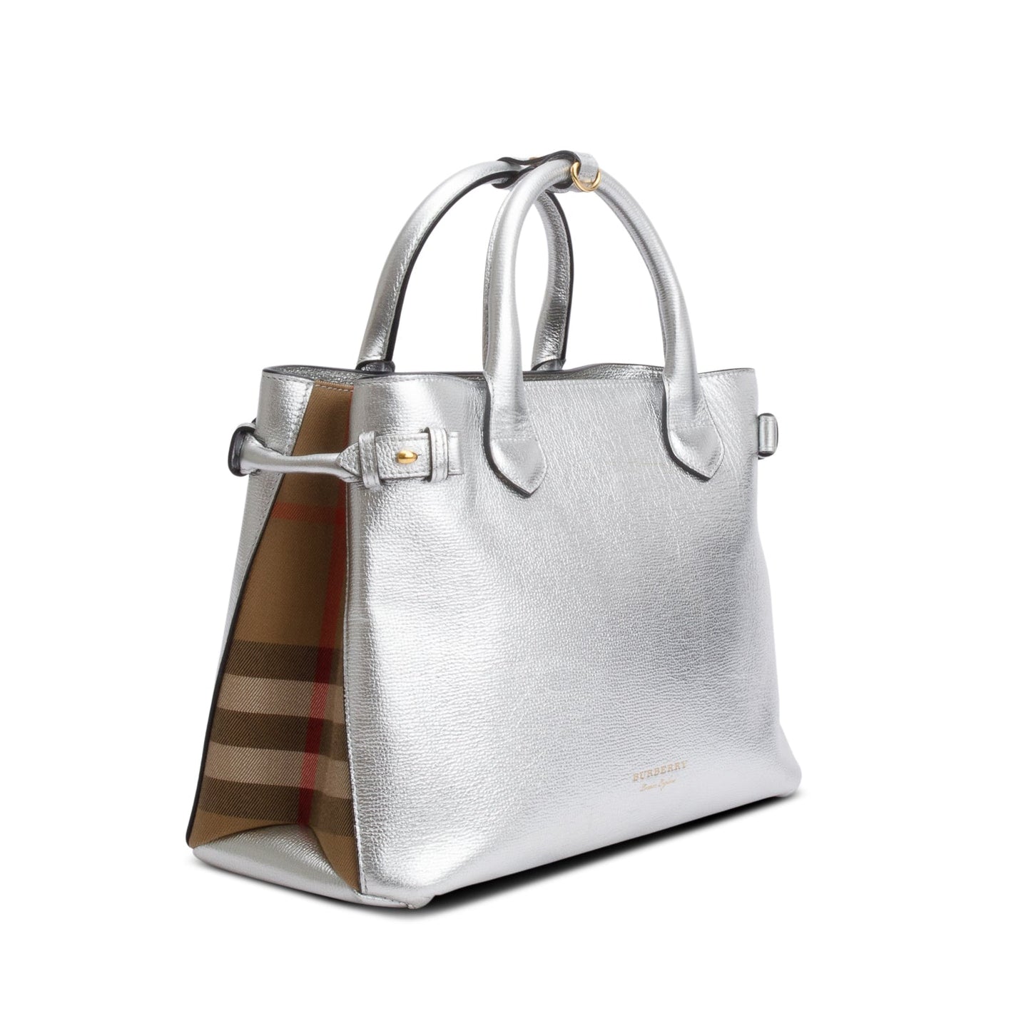 Burberry Metallic Silver Calfskin Leather House Check Medium Banner Tote
