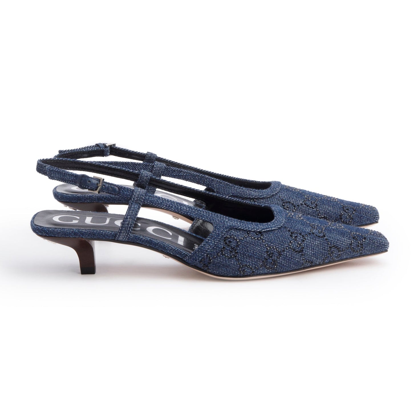 Gucci Blue Denim GG Crystal Slingback Pump, Size 38