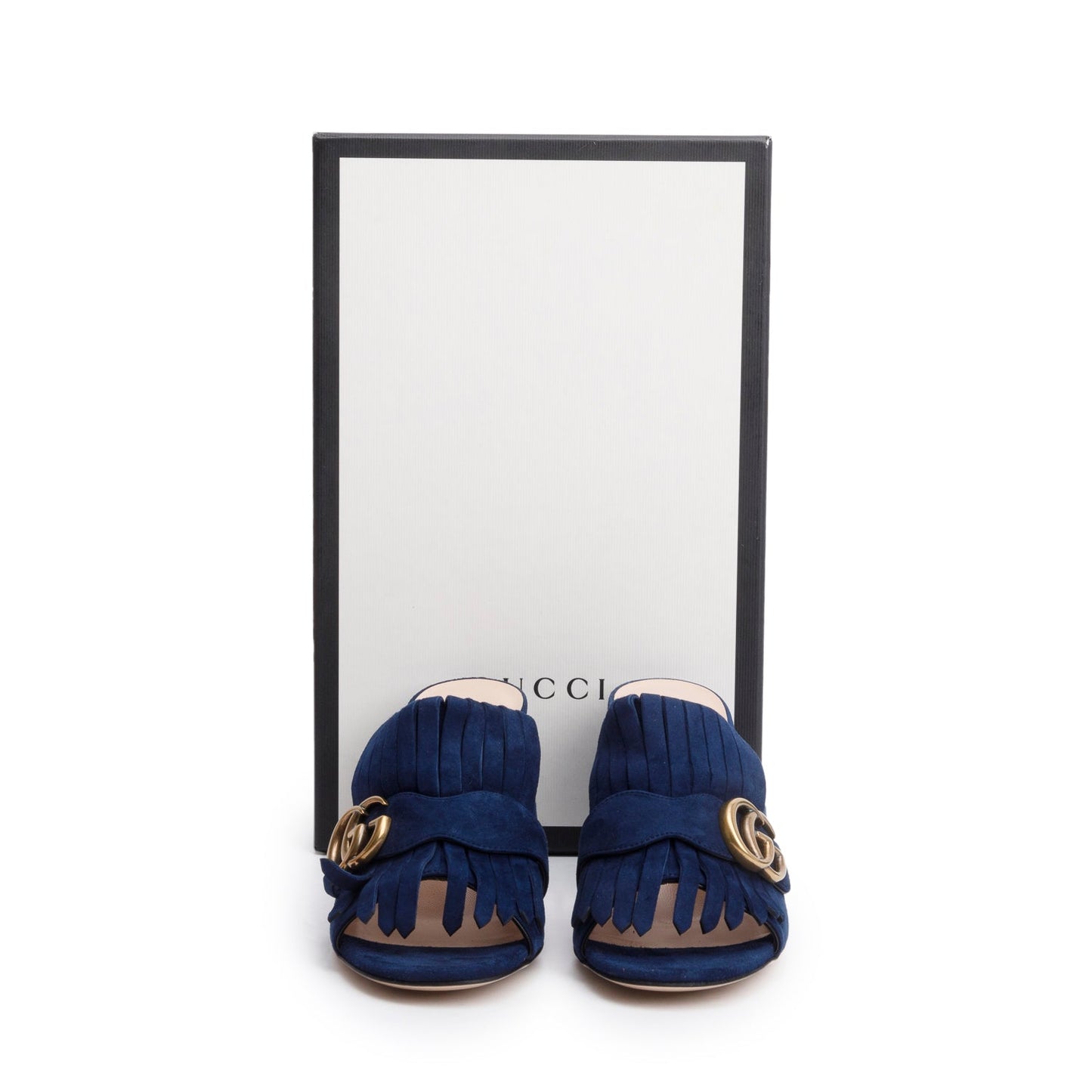 Gucci Blue Suede GG Marmont Fringe Mules, Size 37