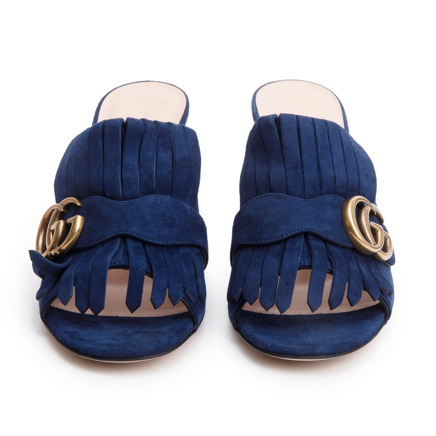 Gucci Blue Suede GG Marmont Fringe Mules, Size 37