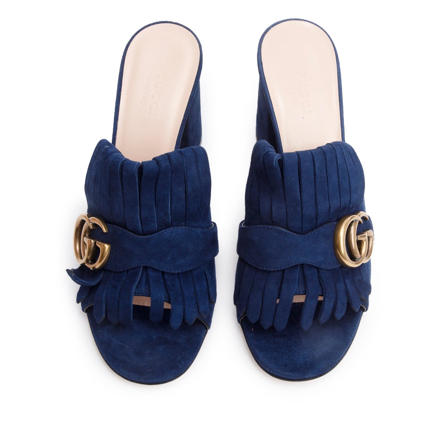 Gucci Blue Suede GG Marmont Fringe Mules, Size 37