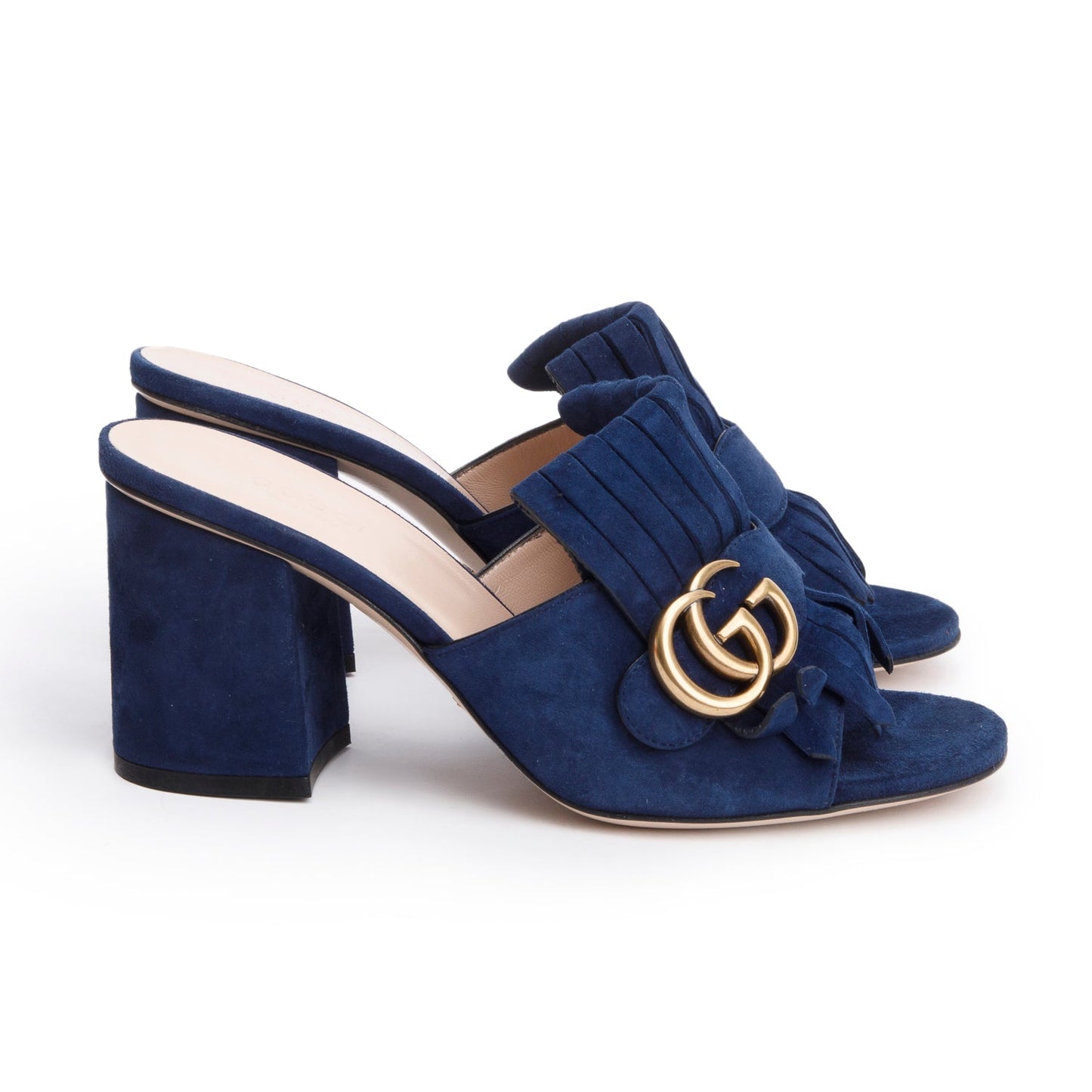 Gucci Blue Suede GG Marmont Fringe Mules, Size 37