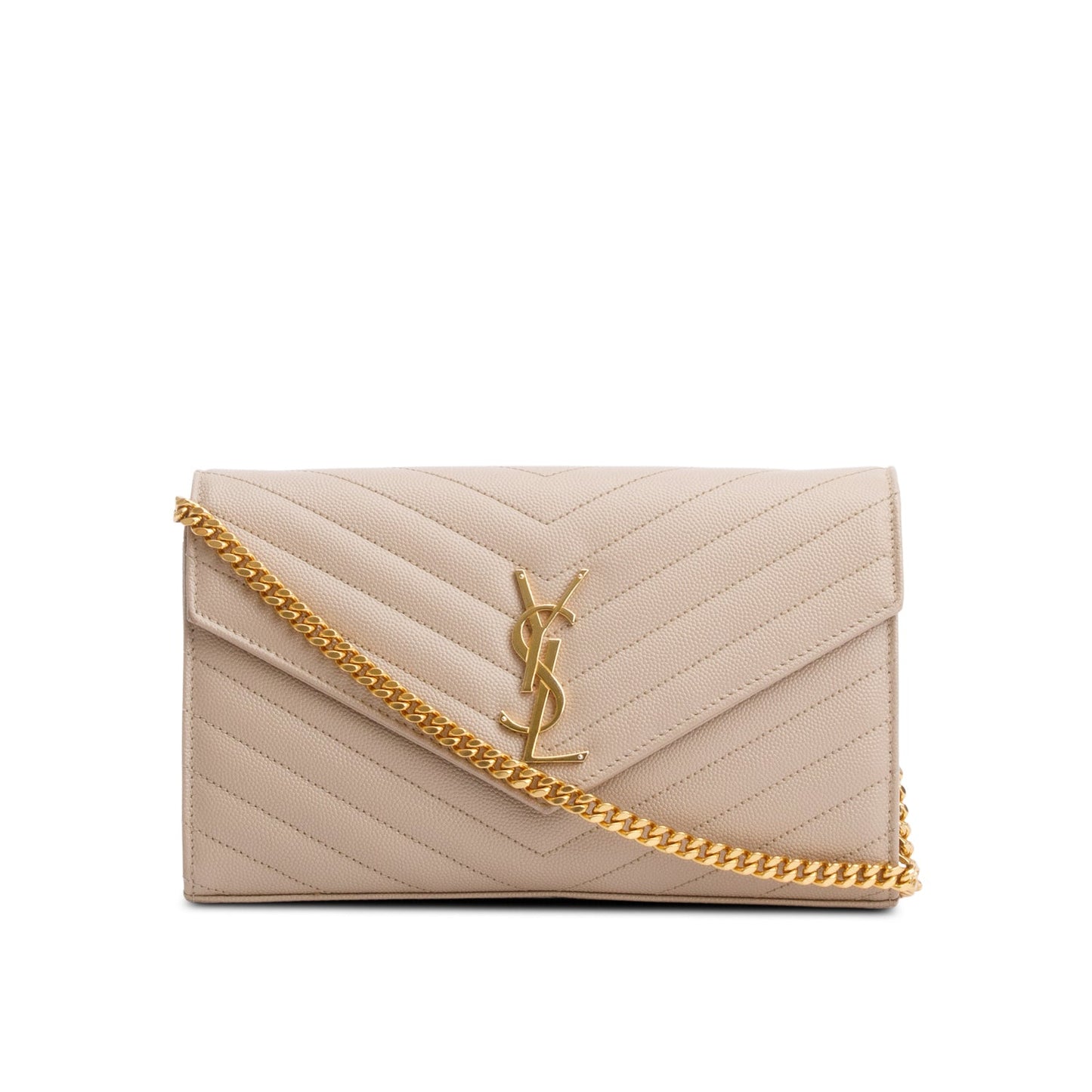 Saint Laurent 2023 Beige Grain De Poudre Leather Cassandre Envelope Chain Wallet