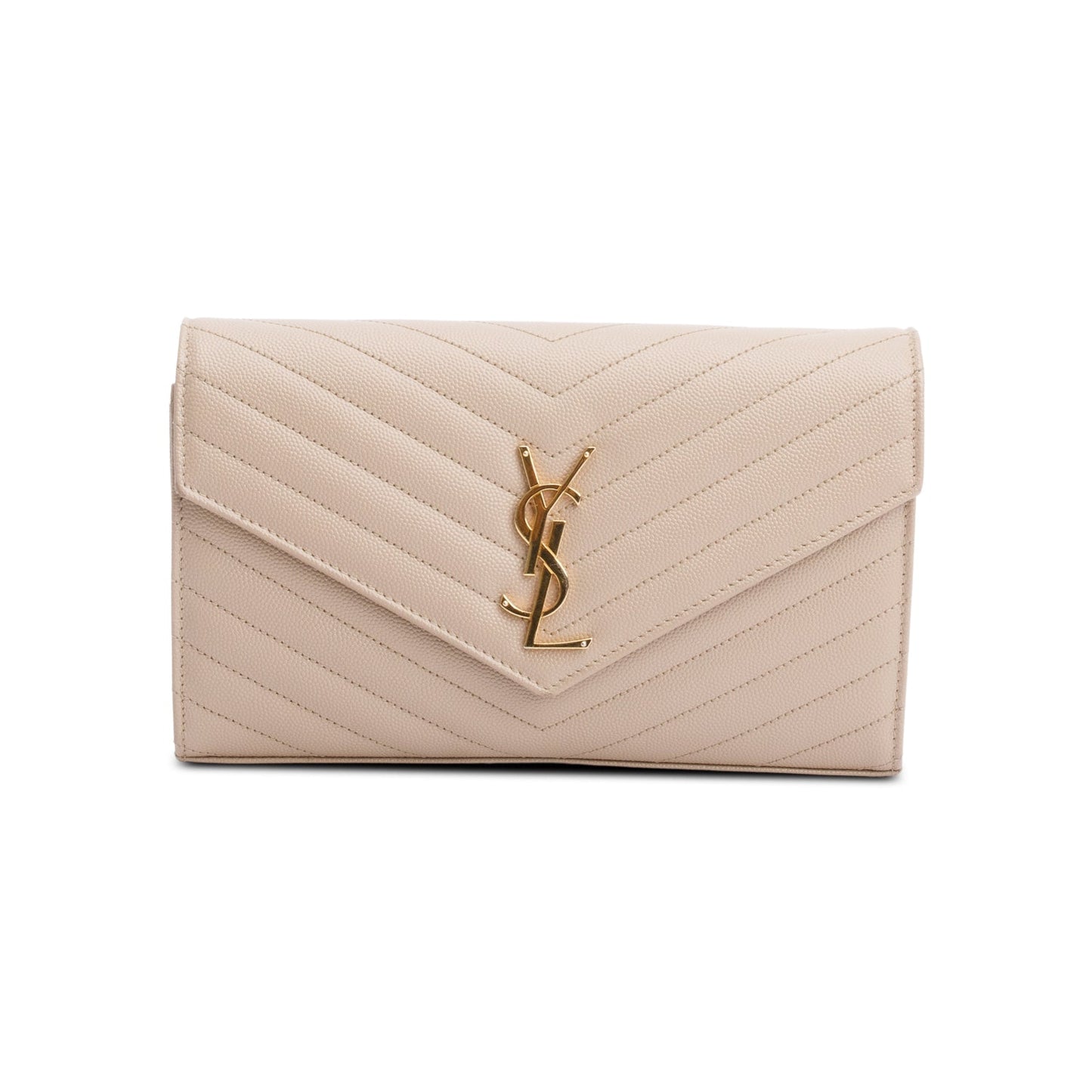 Saint Laurent 2023 Beige Grain De Poudre Leather Cassandre Envelope Chain Wallet