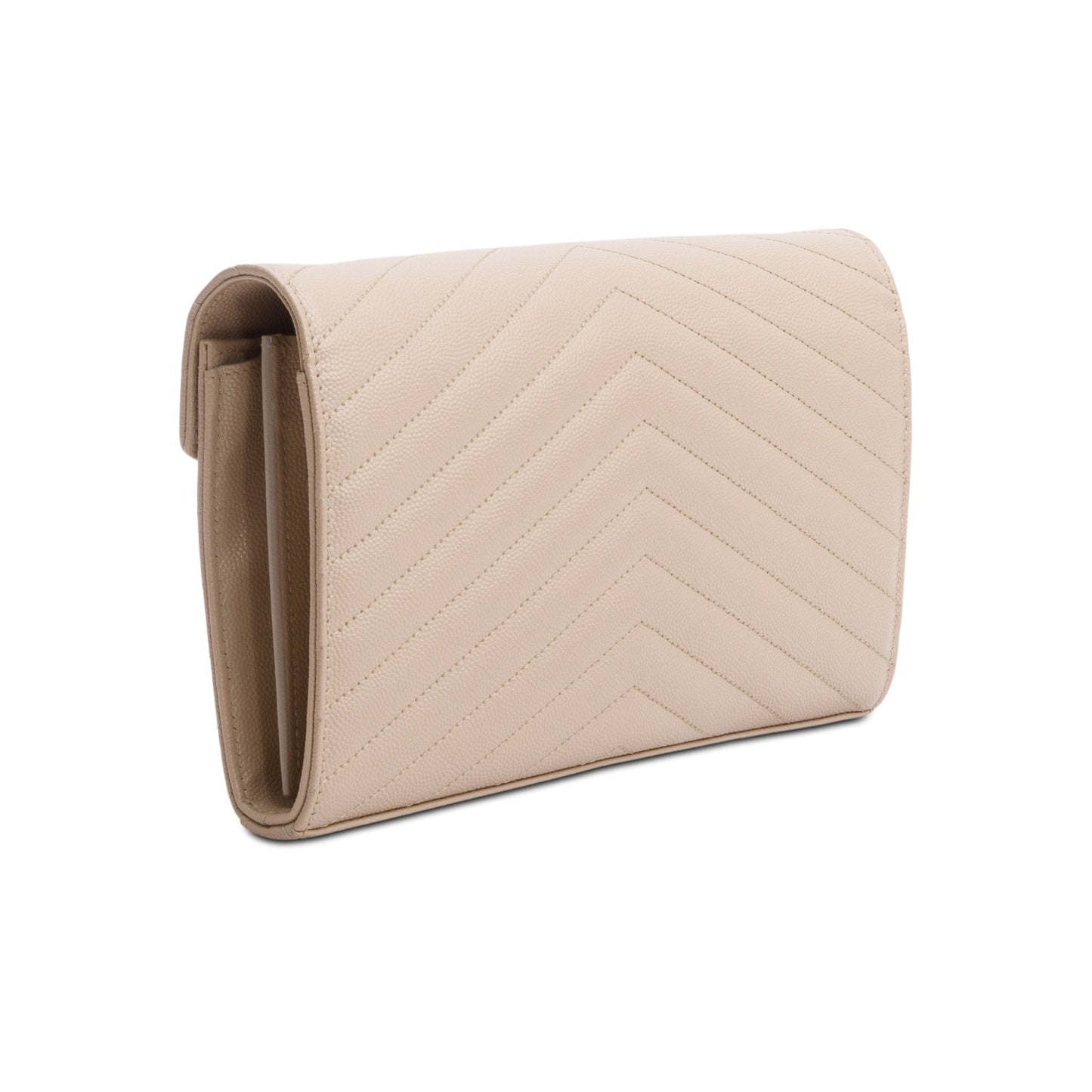 Saint Laurent 2023 Beige Grain De Poudre Leather Cassandre Envelope Chain Wallet