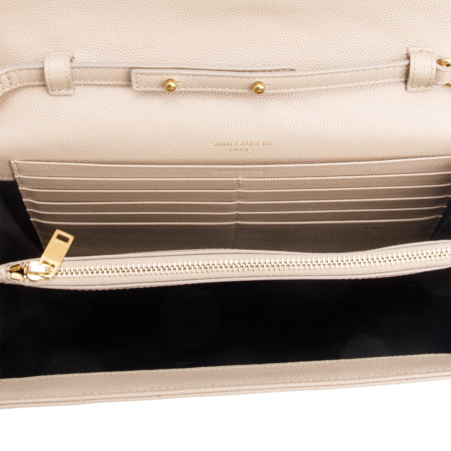 Saint Laurent 2023 Beige Grain De Poudre Leather Cassandre Envelope Chain Wallet