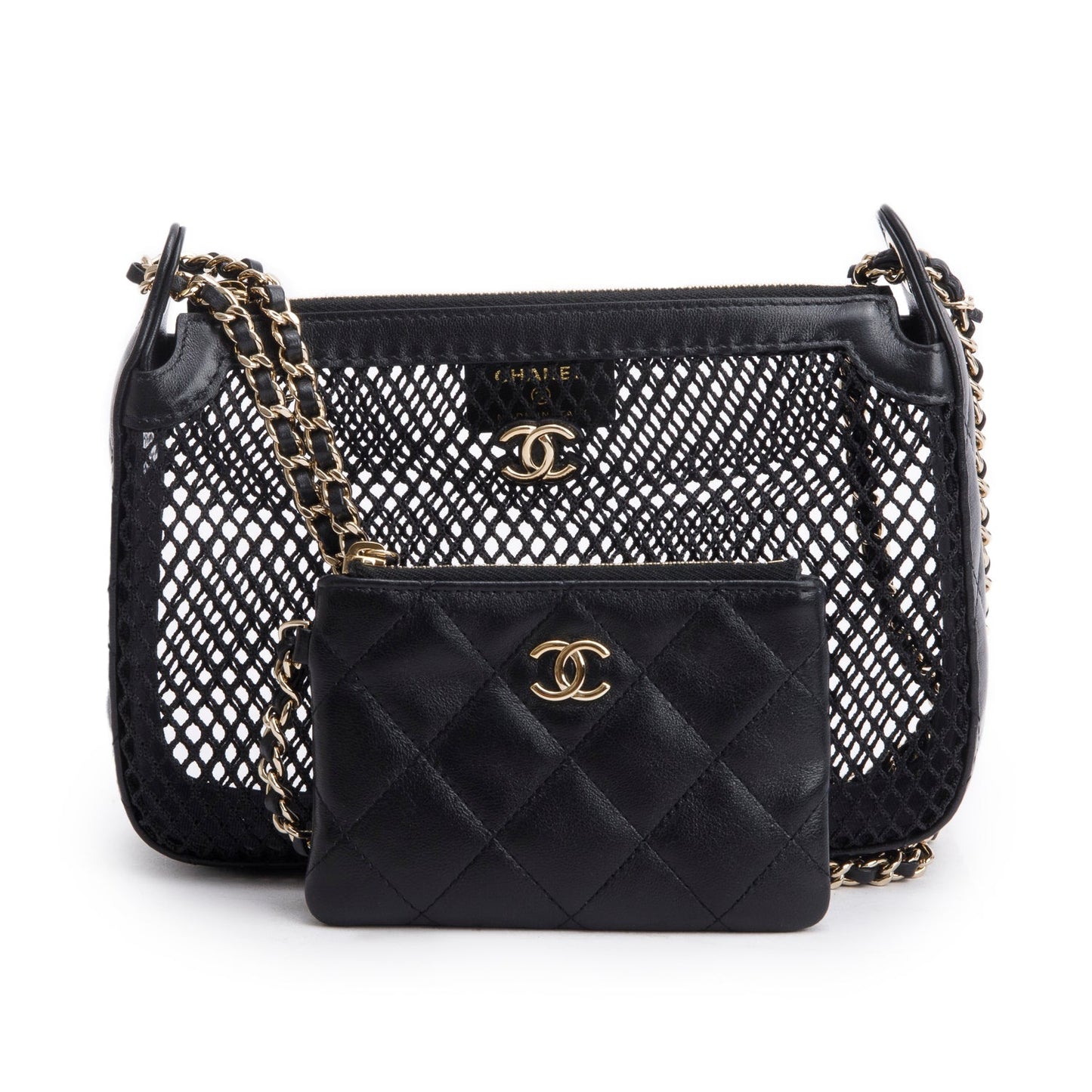 Chanel 2025 Black Mesh Shiny Lambskin Clutch Chain Bag