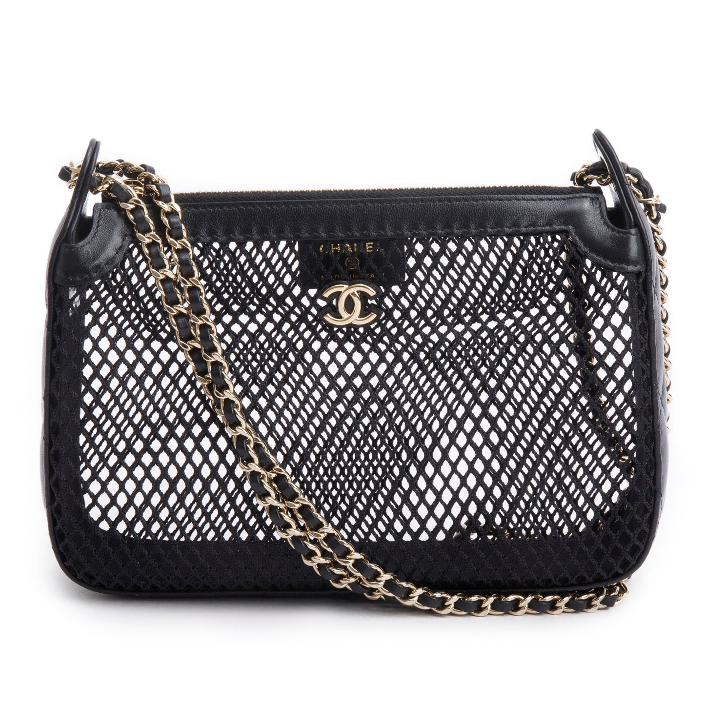 Chanel 2025 Black Mesh Shiny Lambskin Clutch Chain Bag