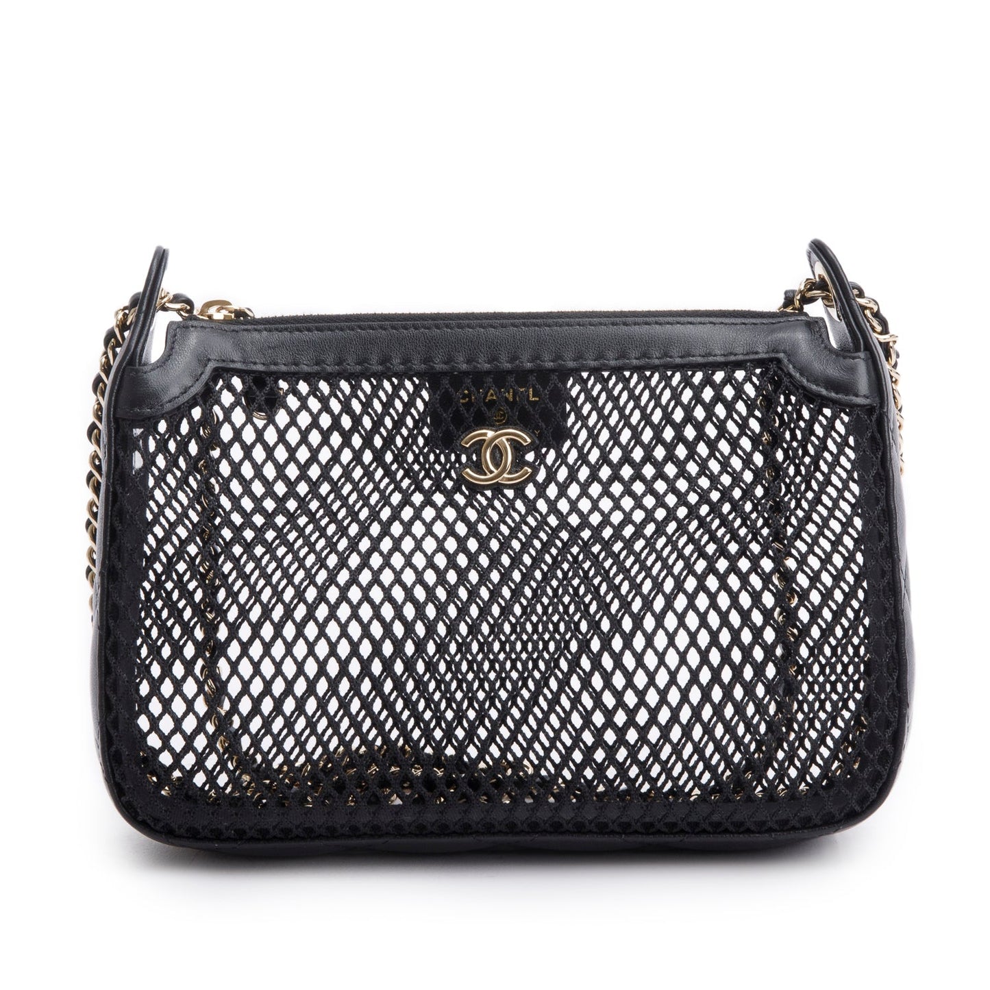 Chanel 2025 Black Mesh Shiny Lambskin Clutch Chain Bag