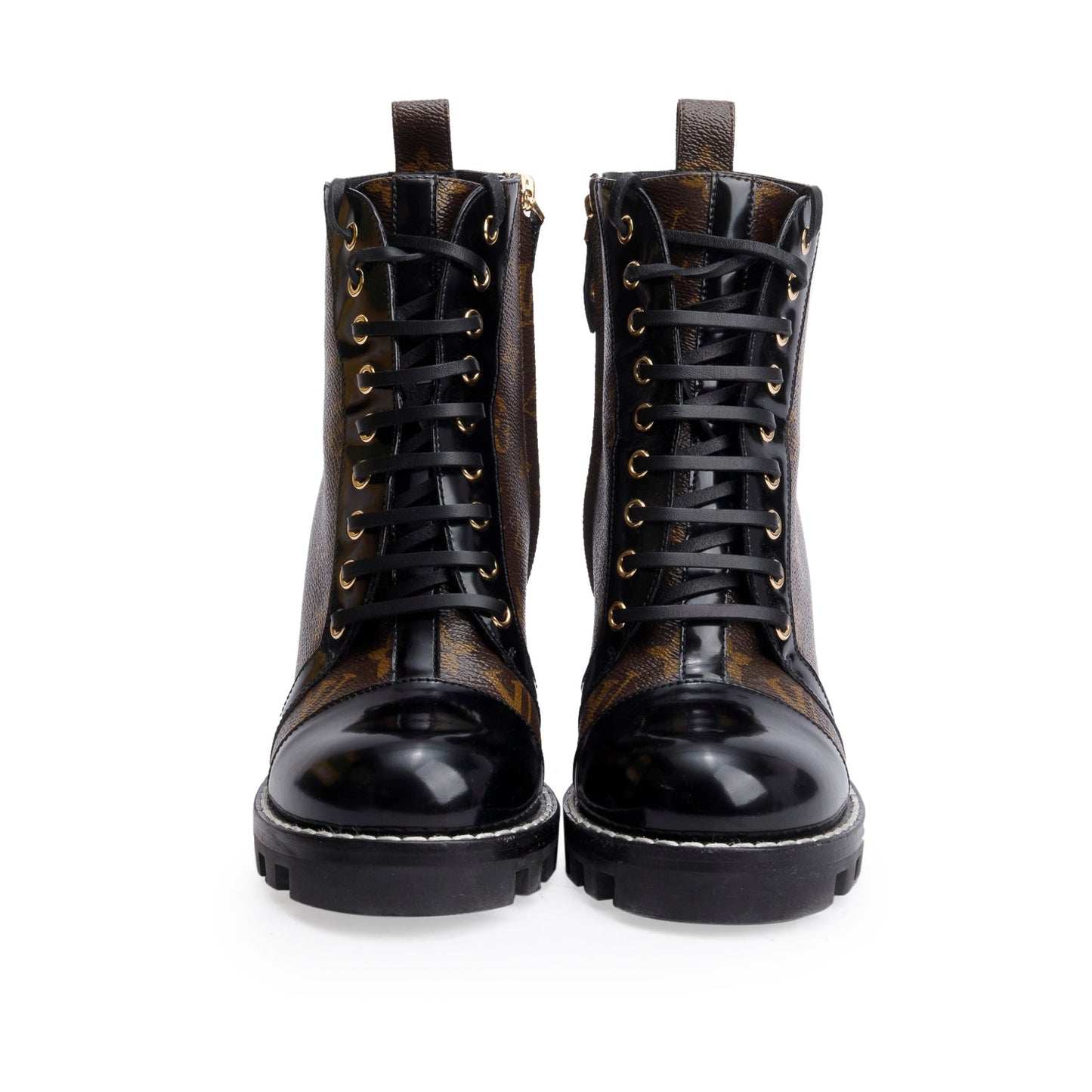 Louis Vuitton Black Patent Leather Monogram Trim Star Trail Ankle Boots, Size 38