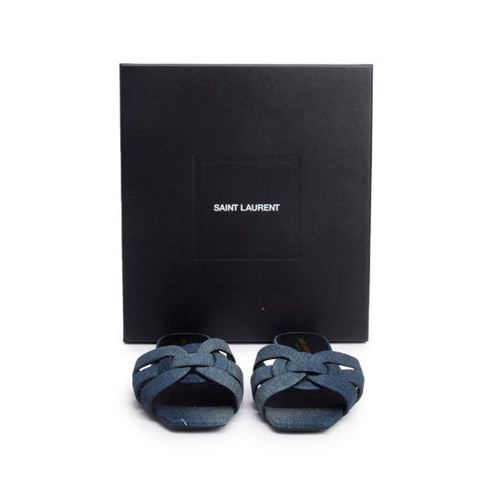 Saint Laurent Blue Denim Tribute Flat Slides , Size 39