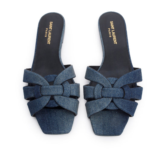 Saint Laurent Blue Denim Tribute Flat Slides , Size 39