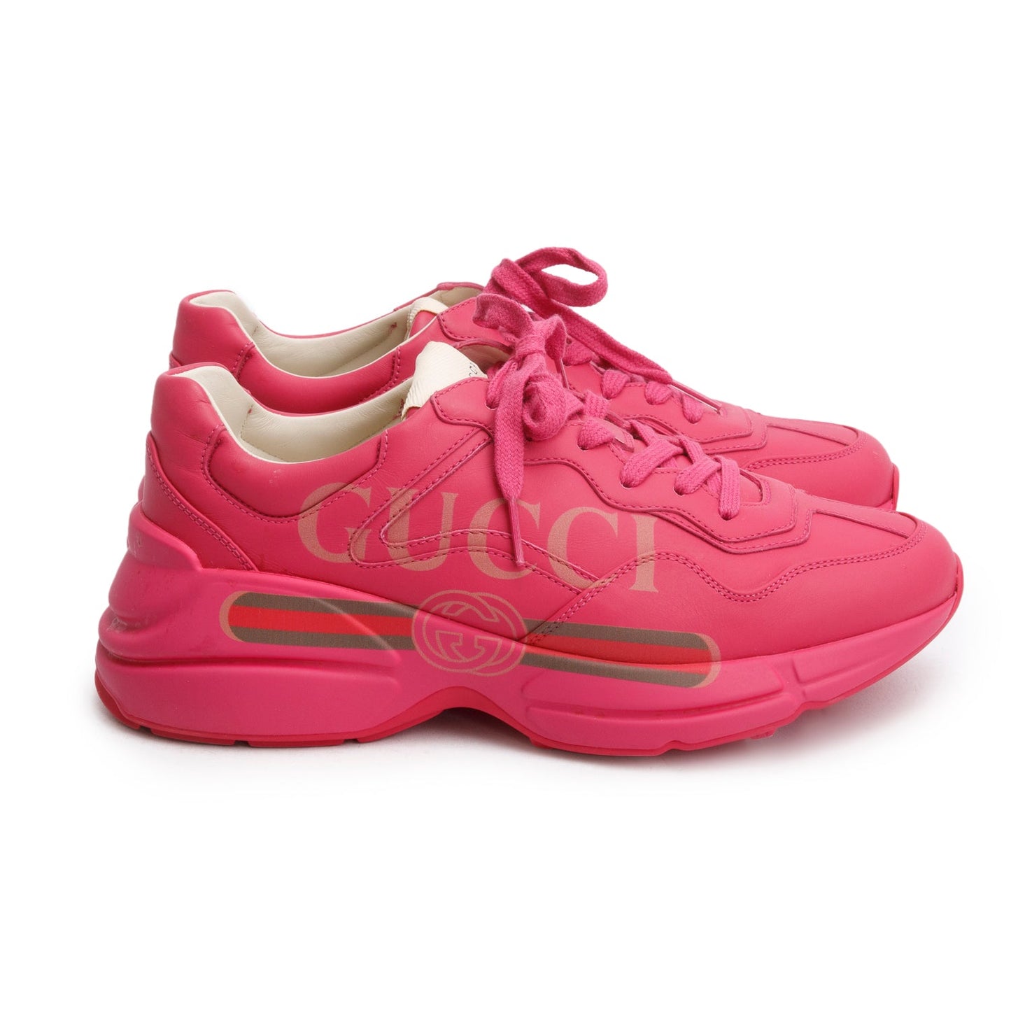 Gucci Pink Leather Women's Rhyton Gucci Logo Sneakers, Size 39