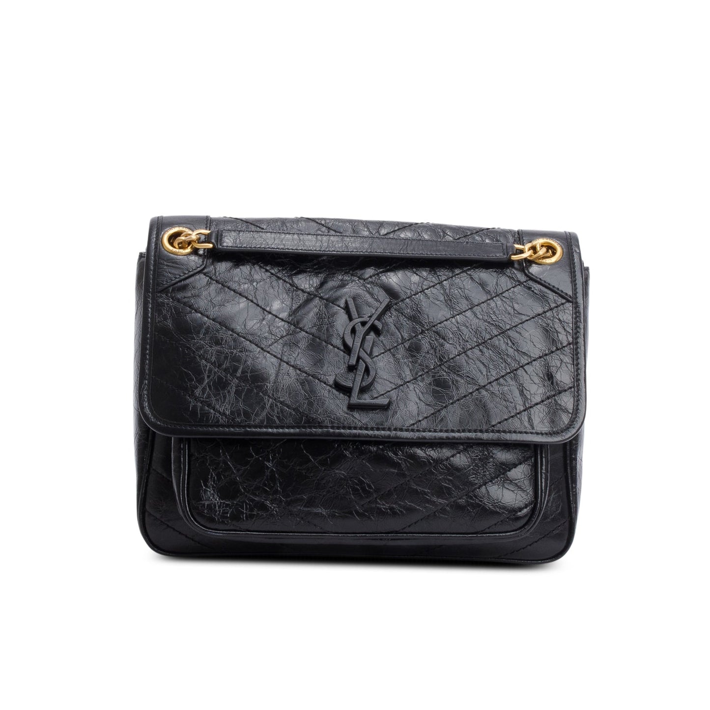 Saint Laurent 2023 Black Crinkled Calfskin Leather Medium Niki Shoulder Bag